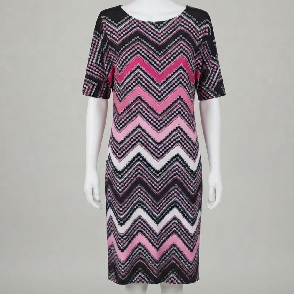 Karin Stevens Pink Navy Chevron Geometric Shift Dress Womens XL Short Sleeve